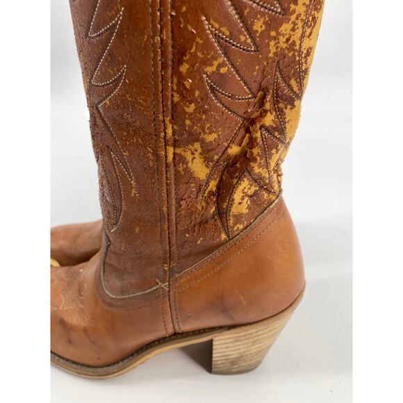 VTG Acme women 5M brown Western Cowboy heeled Leather round toe knee high Boots - Picture 6 of 10